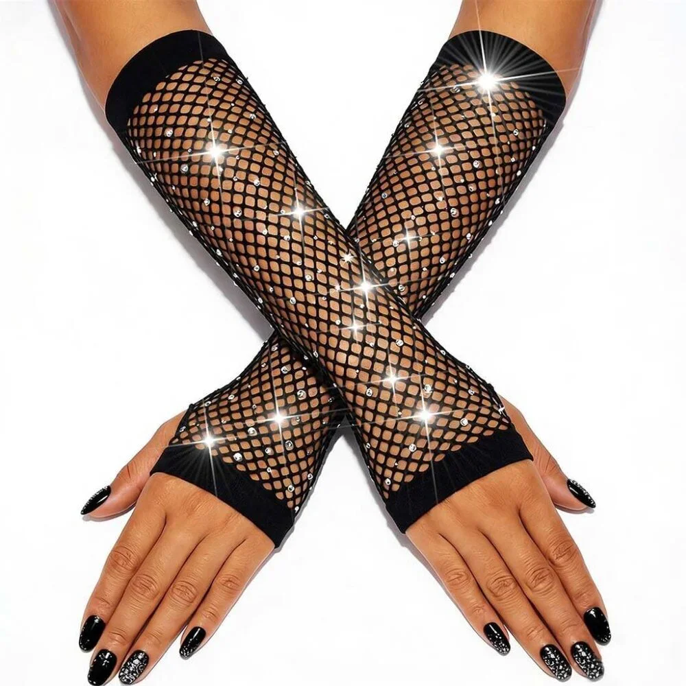 Women's Fingerless Rhinestone Sparkly Black Rave Mesh Gloves Fishnet Party Prom